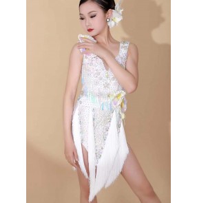 Custom size competition white bling fringe girls latin ance dresses salsa rumba chacha performance costumes